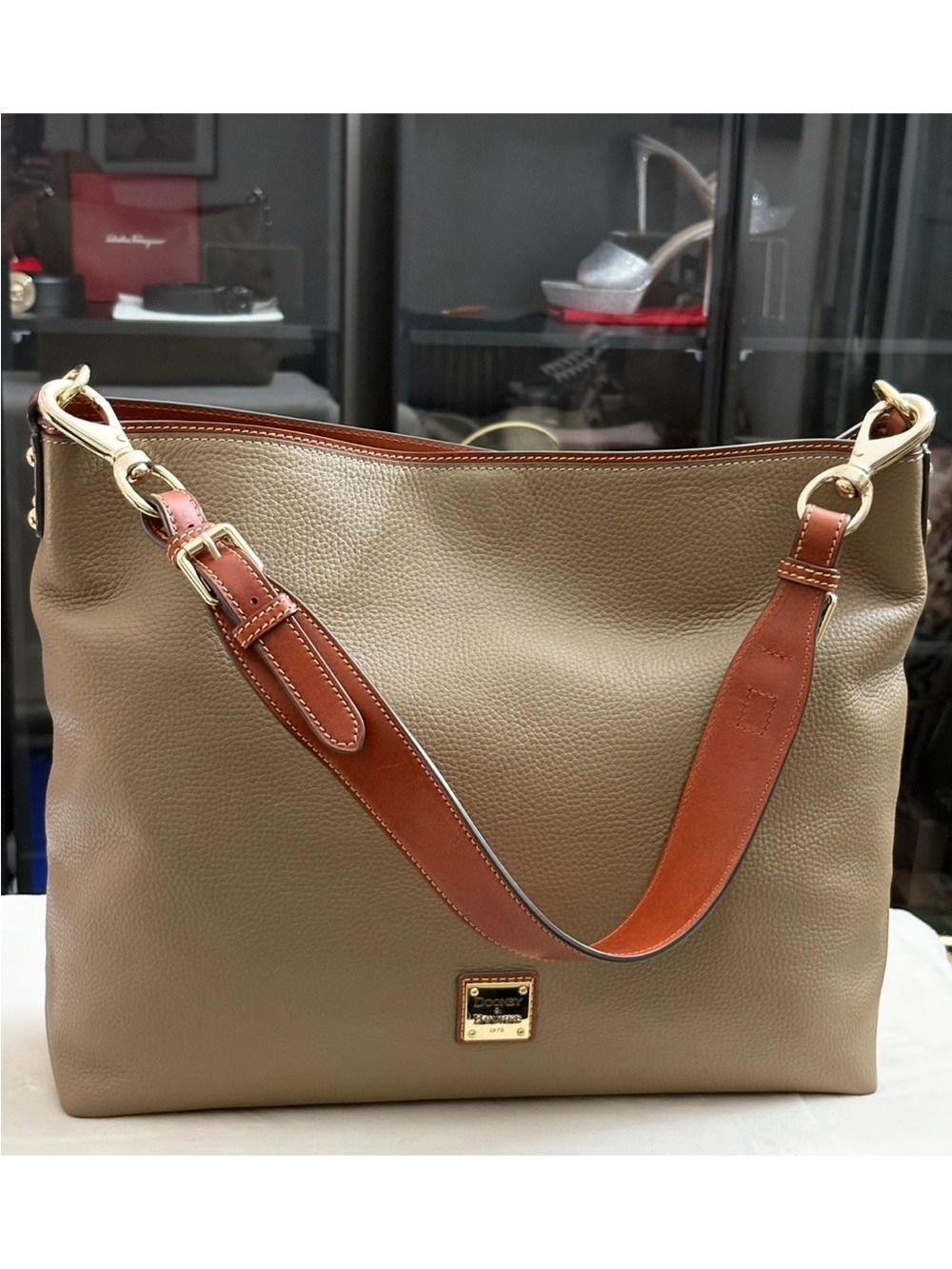 Dooney & Bourne Large Taupe Pebble Leather Hobo Handbag